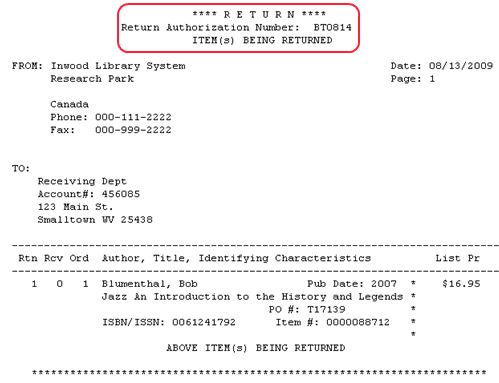 returned items notice handle return per local